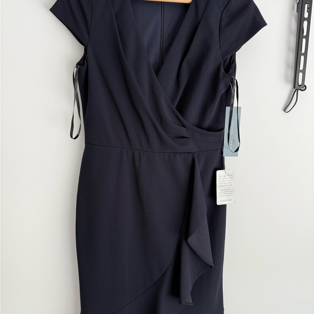 London Times Black Ruched Wrap Dress